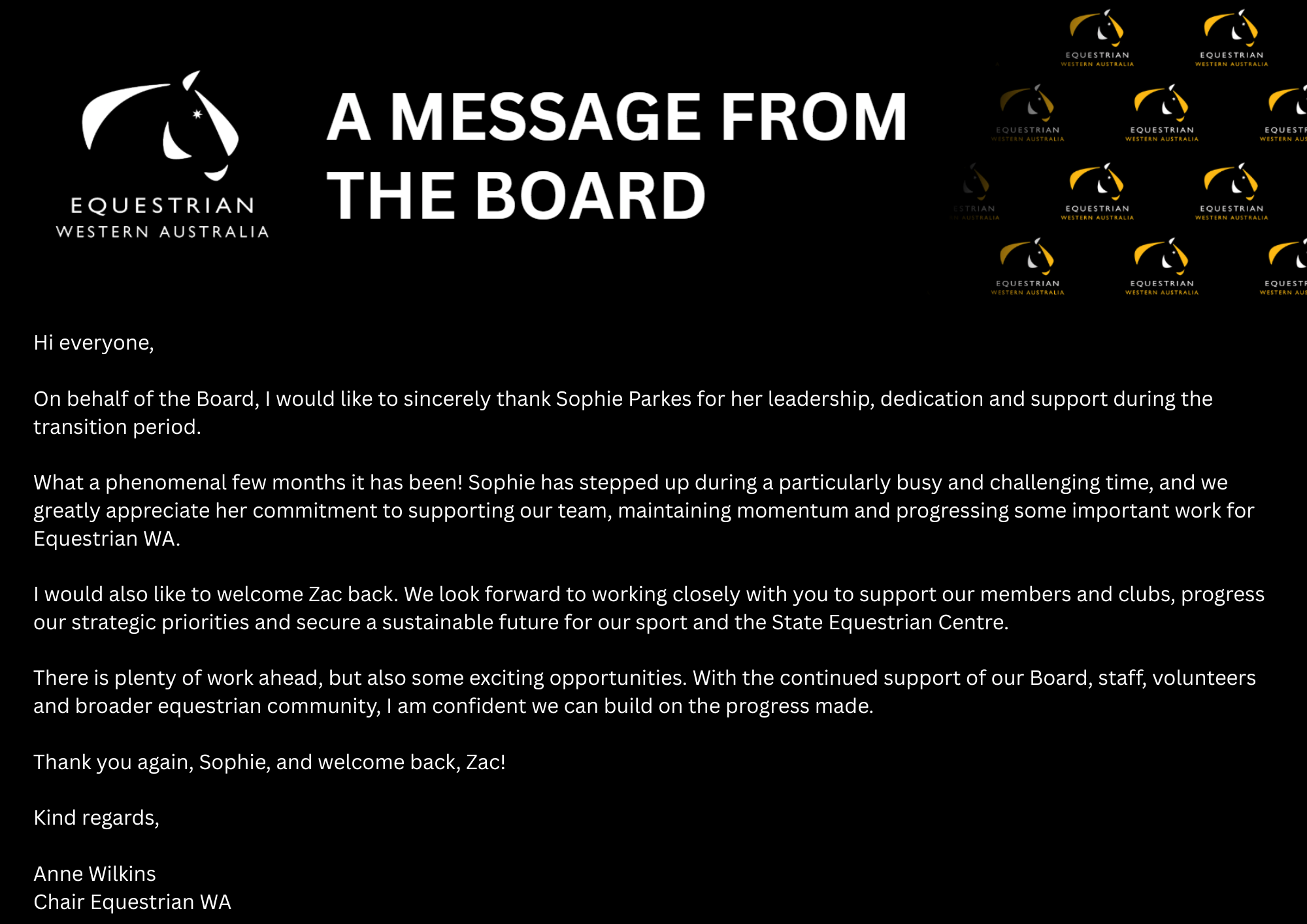 A brief message from the EWA Board